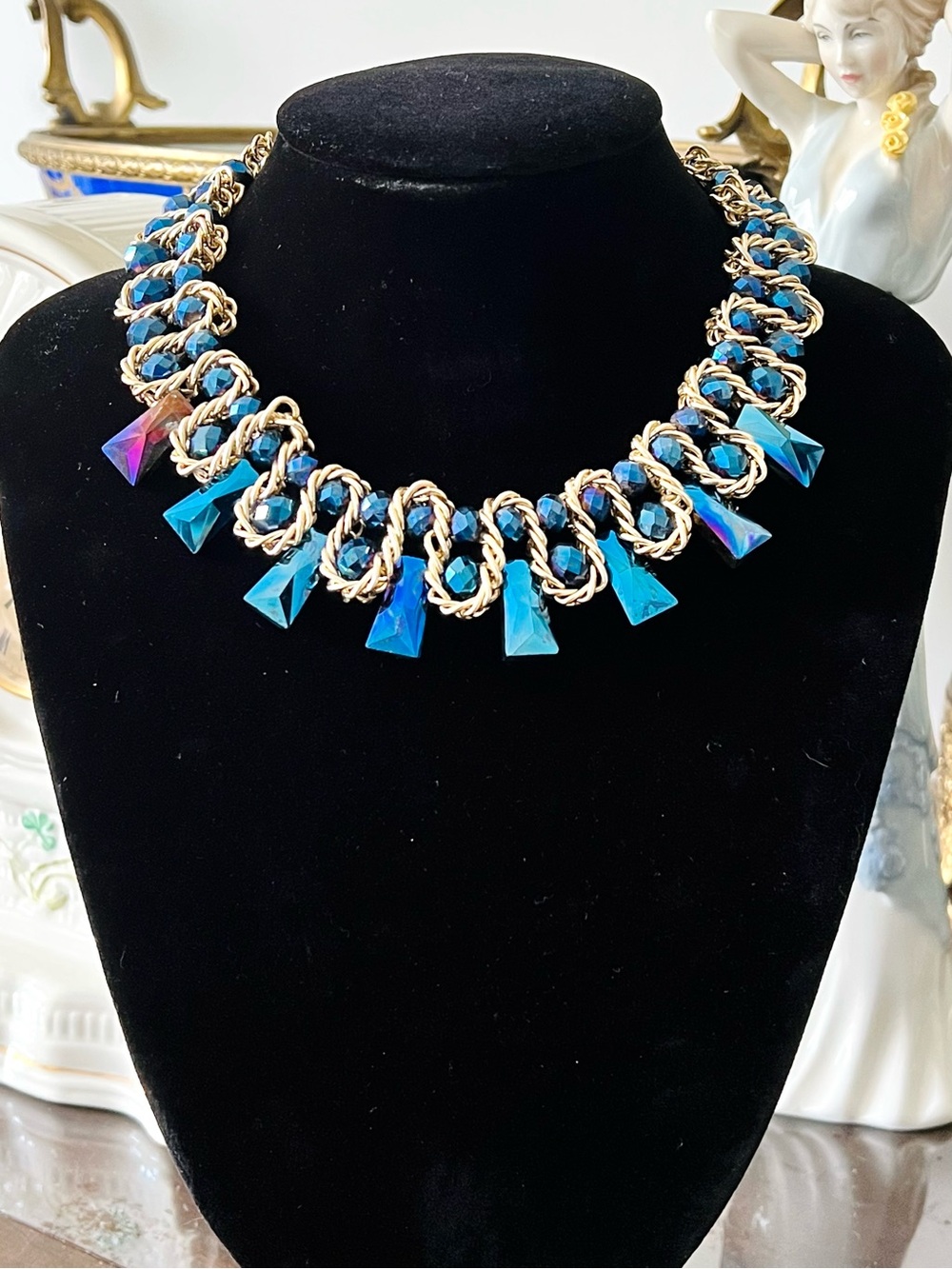 Vintage Blue Crystal Statement Necklace Gold Tone 16-19"